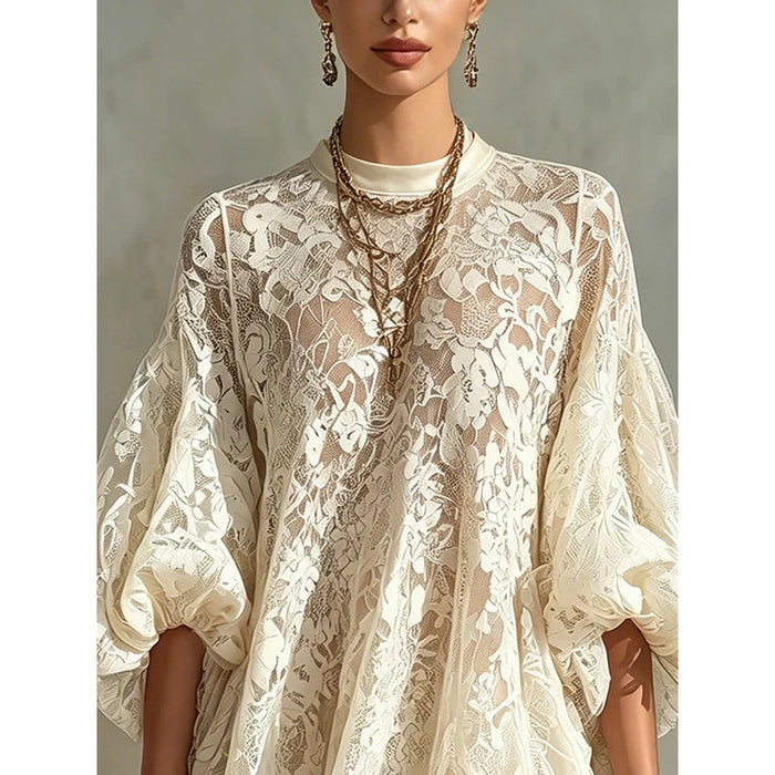 Womens Fashionable Casual Loose-fitting Lace Blouse by Ricaloux