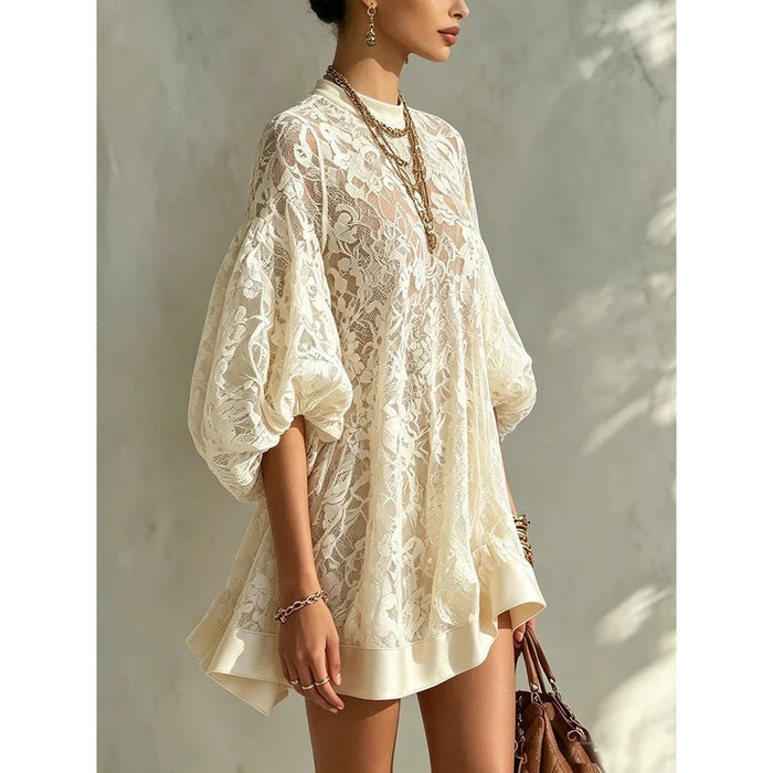 Womens Fashionable Casual Loose-fitting Lace Blouse by Ricaloux