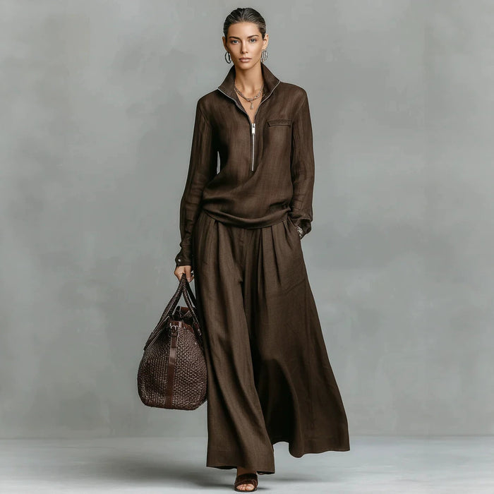 Womens Fashionable Casual Wide-Leg Pants Set With Zippers by Ricaloux