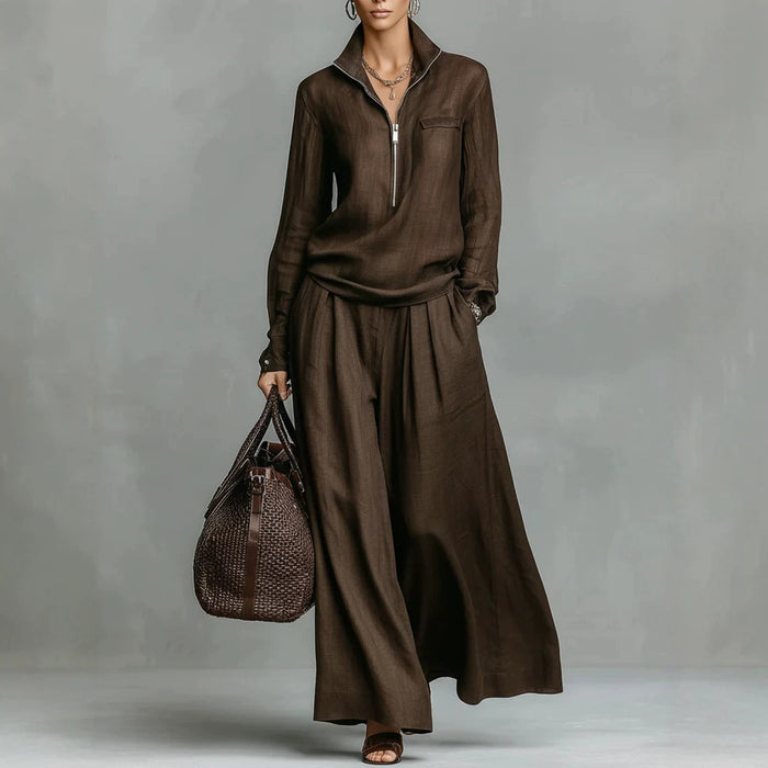 Womens Fashionable Casual Wide-Leg Pants Set With Zippers by Ricaloux