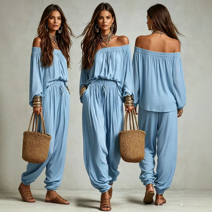 Womens Fashionable Off-shoulder Top And Wide-leg Pants Set by Ricaloux