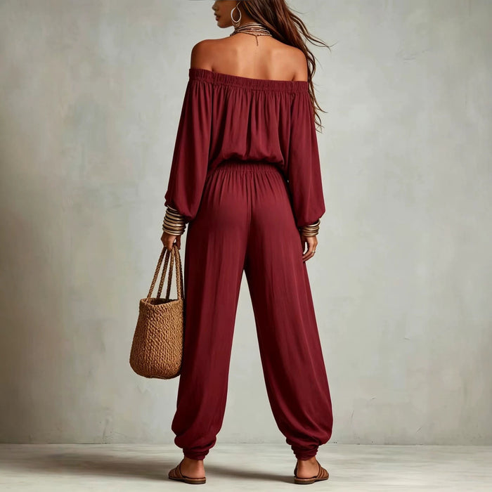 Womens Fashionable Off-shoulder Top And Wide-leg Pants Set by Ricaloux