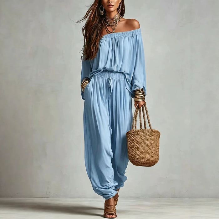 Womens Fashionable Off-shoulder Top And Wide-leg Pants Set by Ricaloux