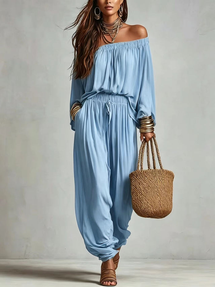 Womens Fashionable Off-shoulder Top And Wide-leg Pants Set by Ricaloux