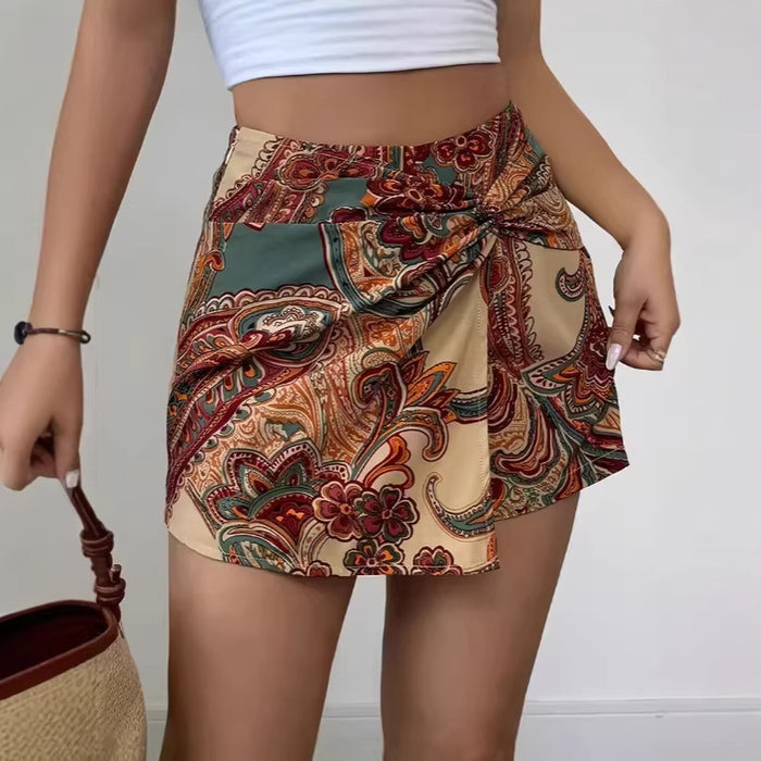 Womens Fashionable Paisley-Print Knotted Wrap Casual Resort Shorts – Premium 0 | RICALOUX