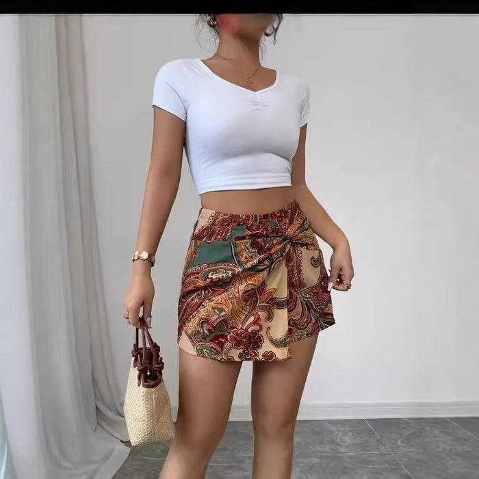 Womens Fashionable Paisley-Print Knotted Wrap Casual Resort Shorts – Premium 0 | RICALOUX