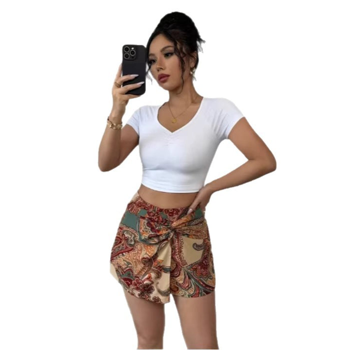 Womens Fashionable Paisley-Print Knotted Wrap Casual Resort Shorts – Premium 0 | RICALOUX