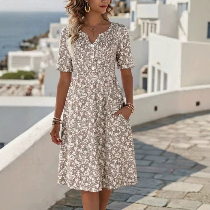 Womens Floral Print V-Neck Midi Dress With Short Sleeves by Ricaloux
