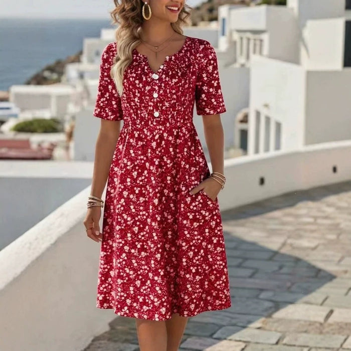 Womens Floral Print V-Neck Midi Dress With Short Sleeves by Ricaloux