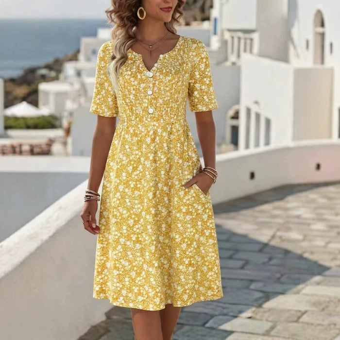 Womens Floral Print V-Neck Midi Dress With Short Sleeves by Ricaloux