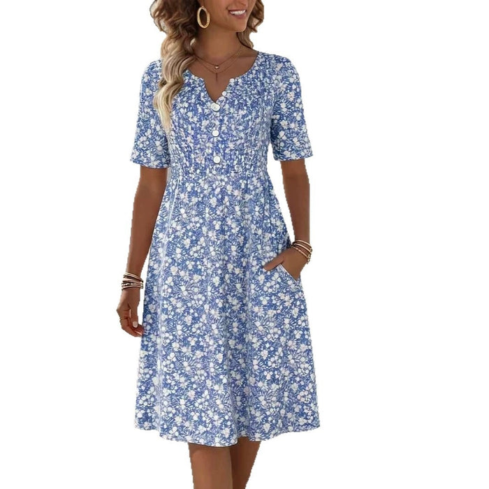 Womens Floral Print V-Neck Midi Dress With Short Sleeves – Premium 0 | RICALOUX