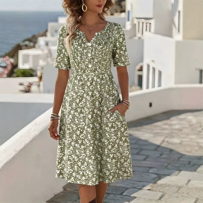 Womens Floral Print V-Neck Midi Dress With Short Sleeves – Premium 0 | RICALOUX