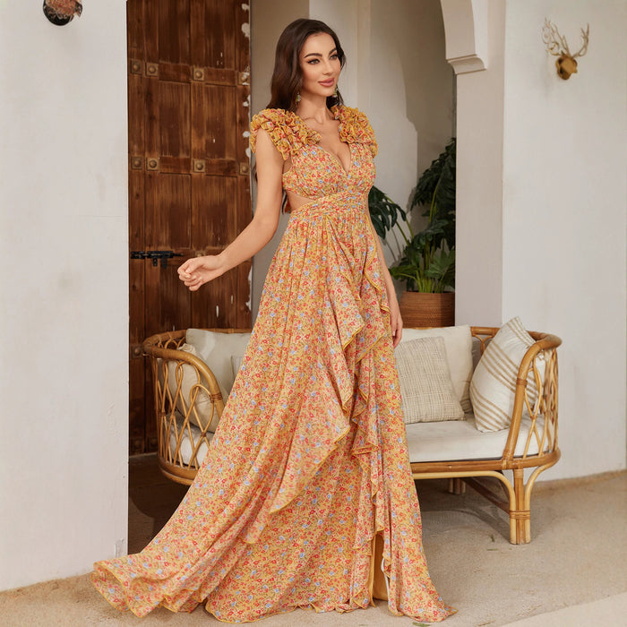 Womens Floral Printed Asymmetrical Slit Chiffon Lace Elegant Dress – Premium 0 | RICALOUX