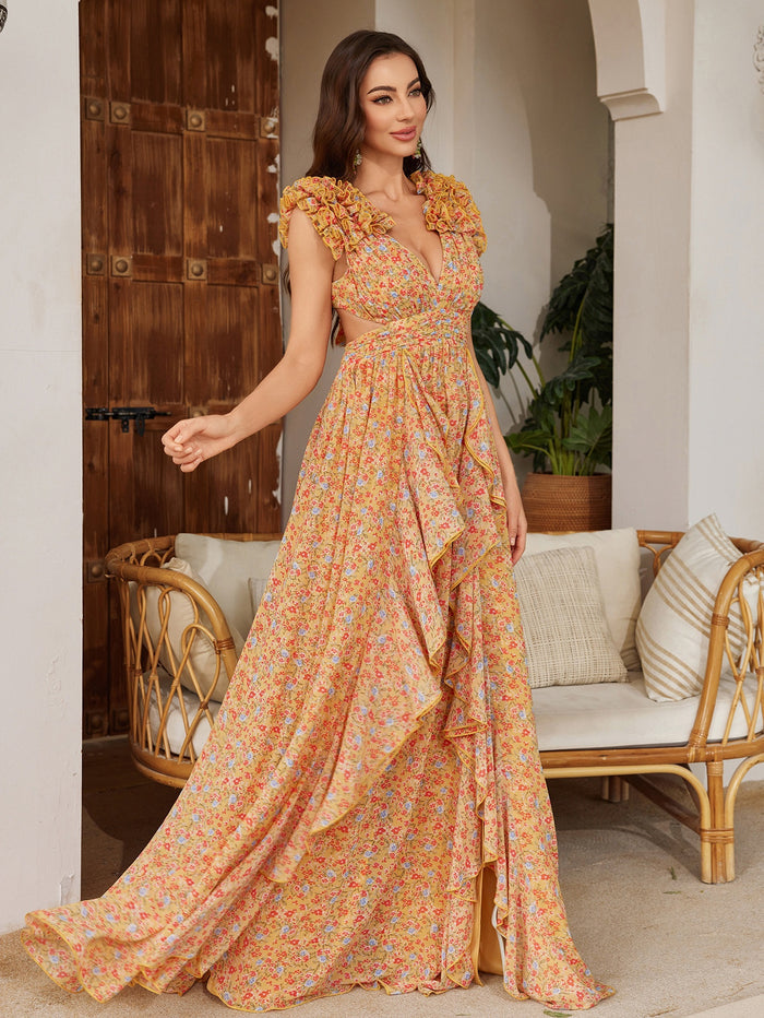 Womens Floral Printed Asymmetrical Slit Chiffon Lace Elegant Dress – Premium 0 | RICALOUX