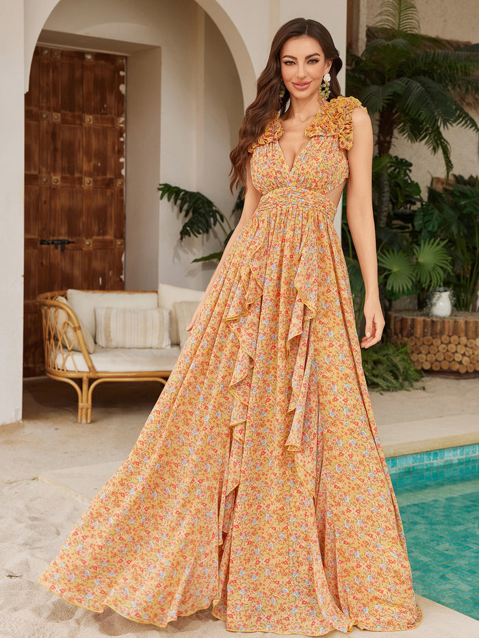 Womens Floral Printed Asymmetrical Slit Chiffon Lace Elegant Dress – Premium 0 | RICALOUX
