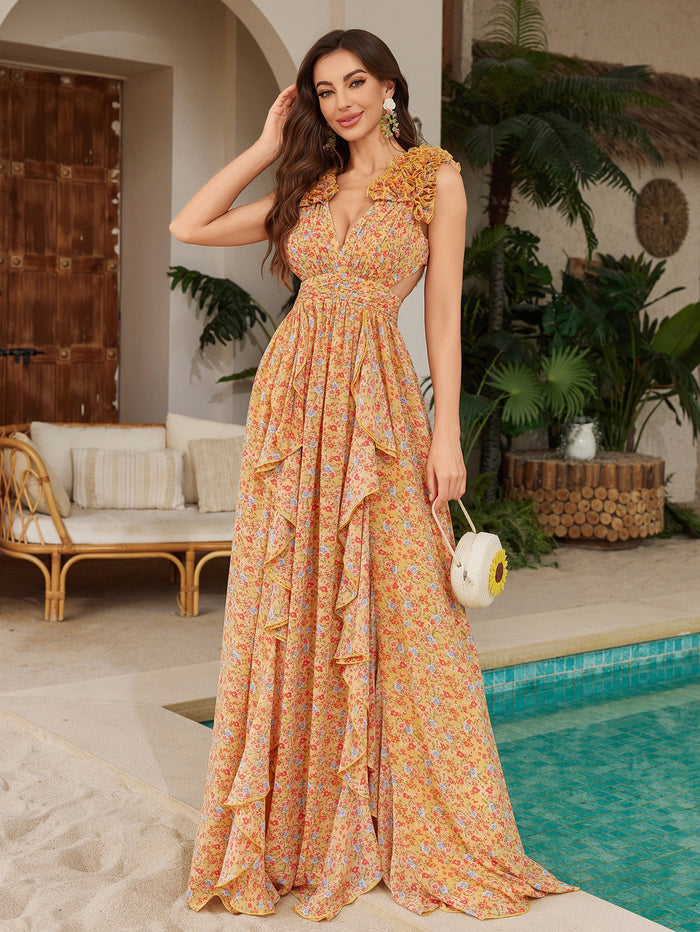 Womens Floral Printed Asymmetrical Slit Chiffon Lace Elegant Dress – Premium 0 | RICALOUX