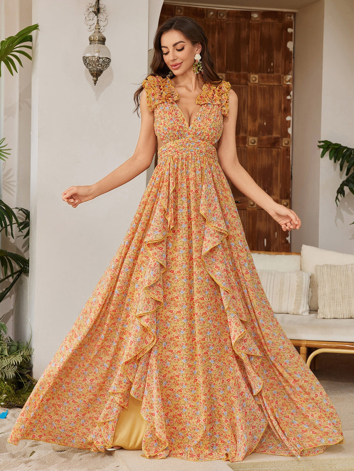 Womens Floral Printed Asymmetrical Slit Chiffon Lace Elegant Dress – Premium 0 | RICALOUX