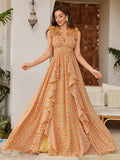 Womens Floral Printed Asymmetrical Slit Chiffon Lace Elegant Dress – Premium 0 | RICALOUX