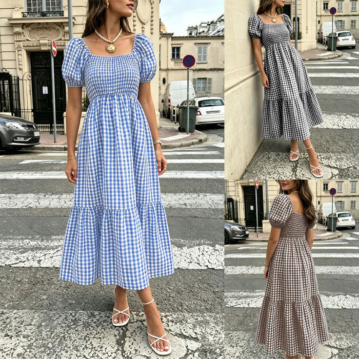 Women's Gingham Puff Sleeve Square Neck Smocked Tiered Maxi Dress - Casual Summer Beach Dress – Premium 4 | RICALOUX