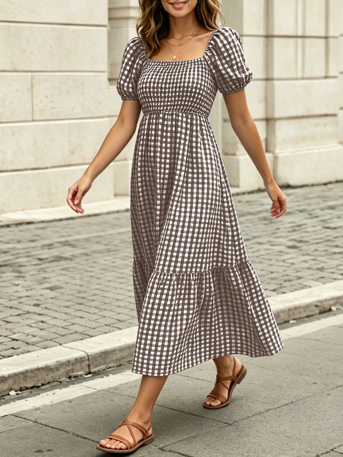 Women's Gingham Puff Sleeve Square Neck Smocked Tiered Maxi Dress - Casual Summer Beach Dress – Premium 4 | RICALOUX