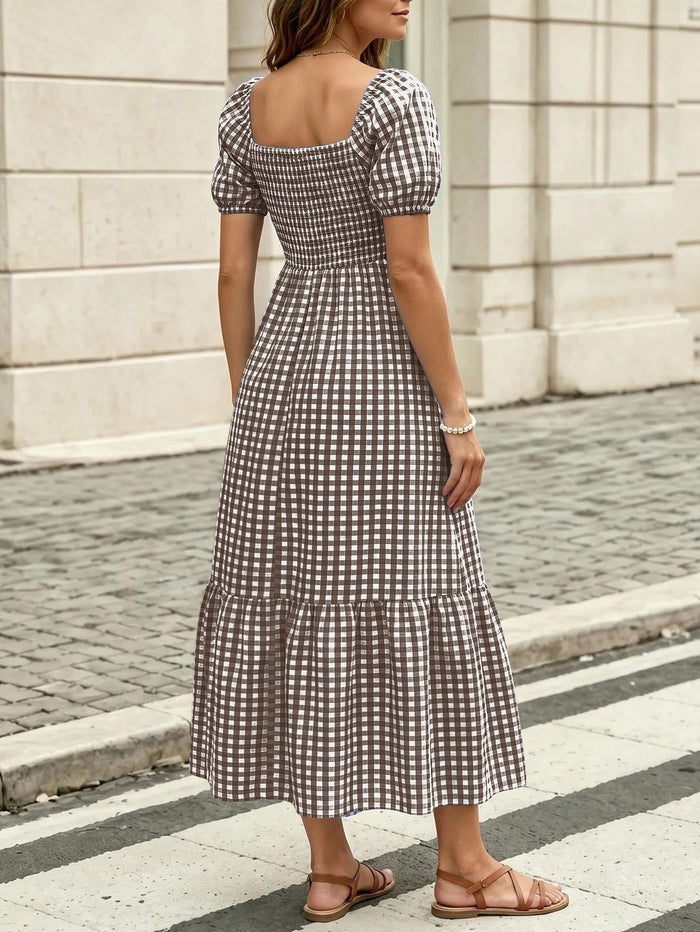Women's Gingham Puff Sleeve Square Neck Smocked Tiered Maxi Dress - Casual Summer Beach Dress – Premium 4 | RICALOUX