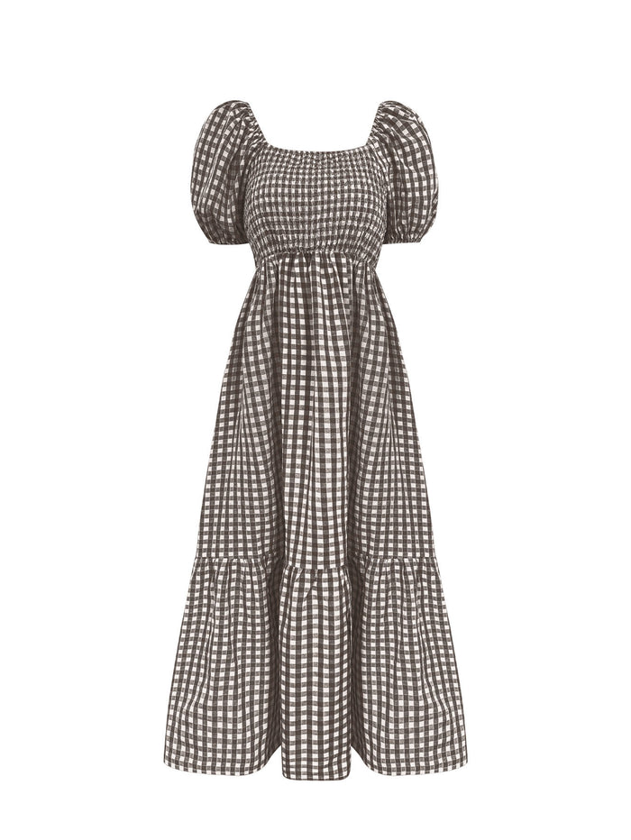 Women's Gingham Puff Sleeve Square Neck Smocked Tiered Maxi Dress - Casual Summer Beach Dress – Premium 4 | RICALOUX