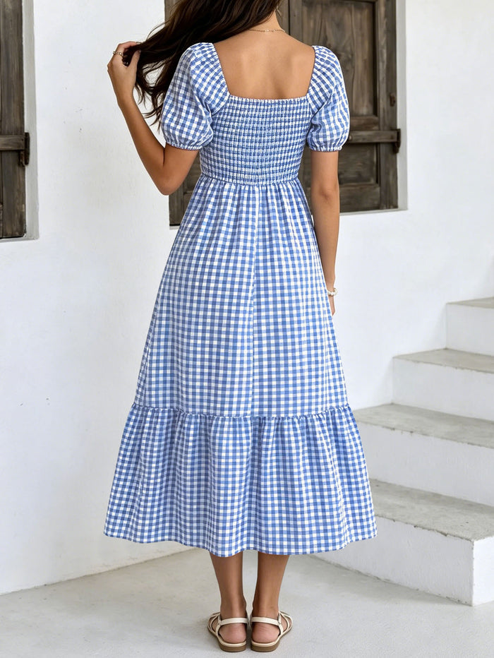 Women's Gingham Puff Sleeve Square Neck Smocked Tiered Maxi Dress - Casual Summer Beach Dress – Premium 4 | RICALOUX