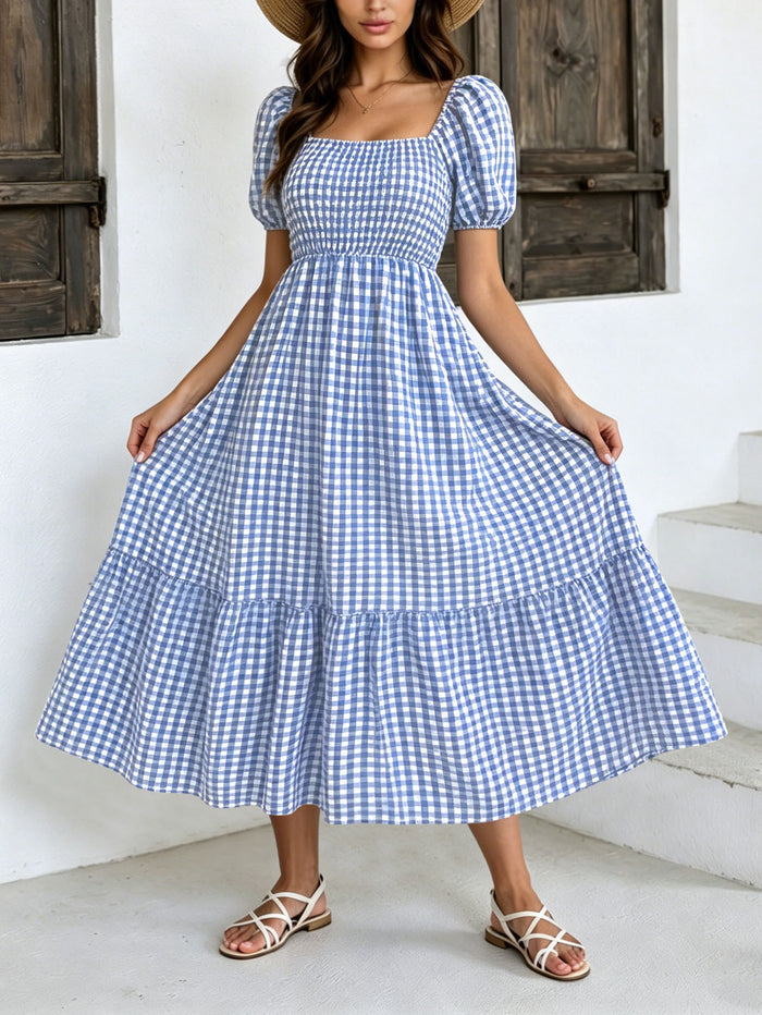 Women's Gingham Puff Sleeve Square Neck Smocked Tiered Maxi Dress - Casual Summer Beach Dress – Premium 4 | RICALOUX
