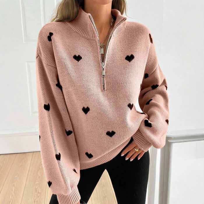 Womens Knitted Long-sleeve Sweater With A Heart-pattern Zipper – Premium 0 | RICALOUX