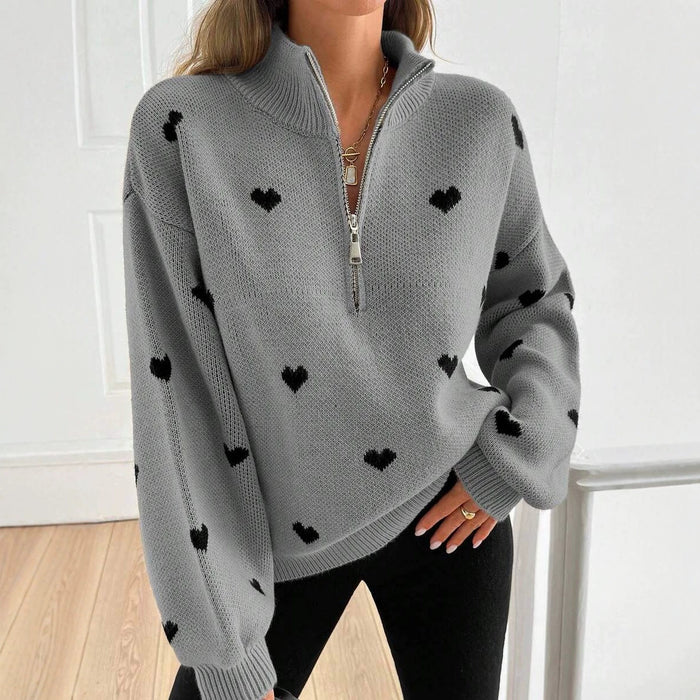Womens Knitted Long-sleeve Sweater With A Heart-pattern Zipper – Premium 0 | RICALOUX