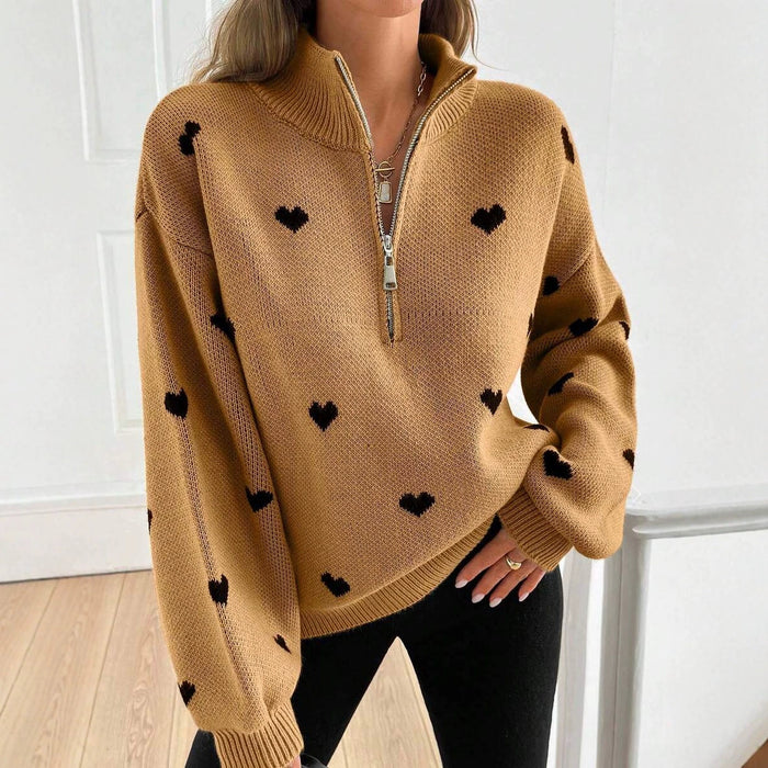 Womens Knitted Long-sleeve Sweater With A Heart-pattern Zipper – Premium 0 | RICALOUX