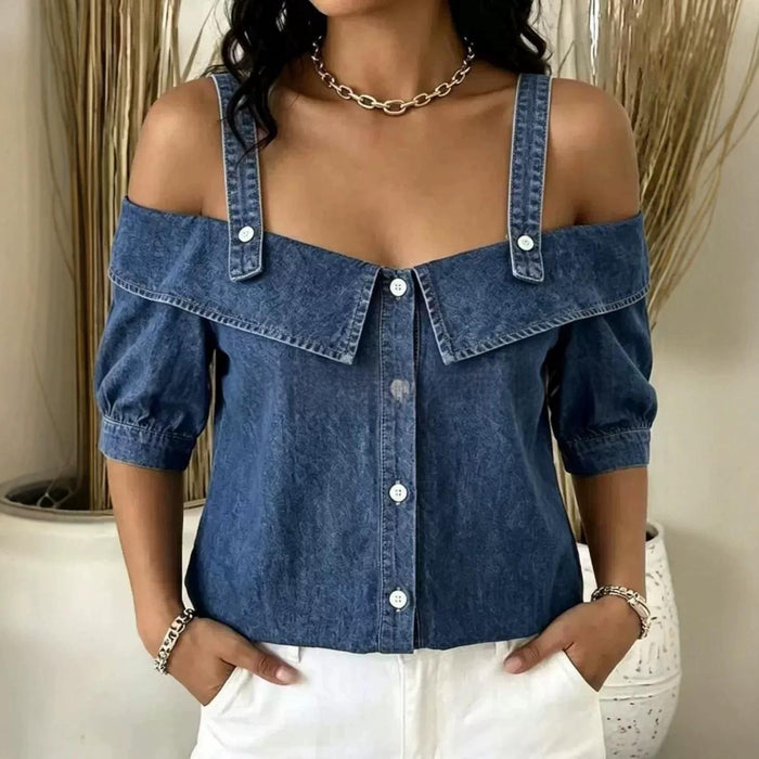 Womens Lapel Denim Washed Top With Suspenders – Premium 0 | RICALOUX