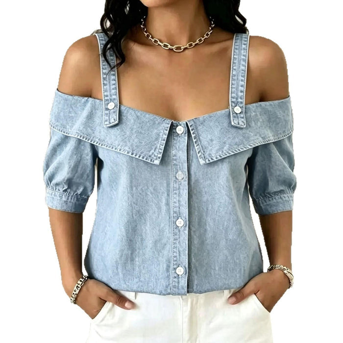 Womens Lapel Denim Washed Top With Suspenders – Premium 0 | RICALOUX