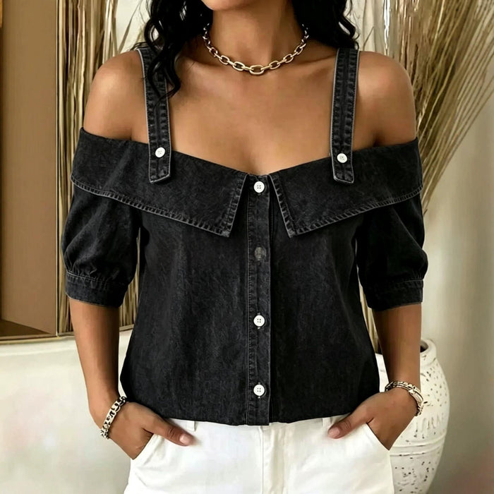 Womens Lapel Denim Washed Top With Suspenders – Premium 0 | RICALOUX