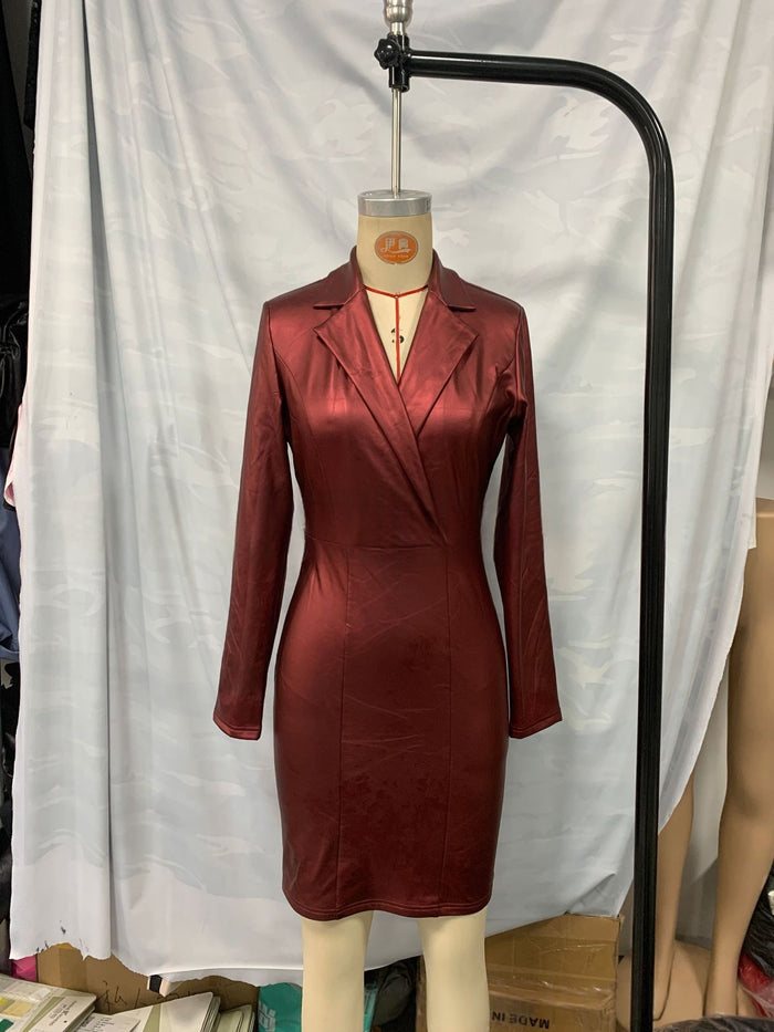 Womens Leather V-neck Slim-fit Dress by Ricaloux
