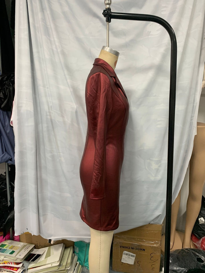 Womens Leather V-neck Slim-fit Dress by Ricaloux