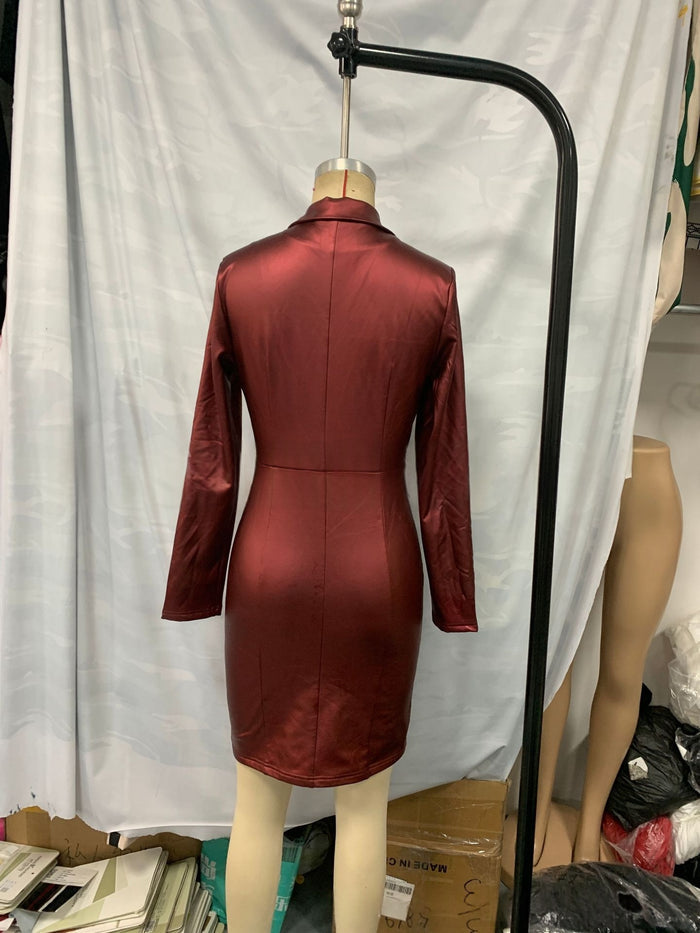 Womens Leather V-neck Slim-fit Dress by Ricaloux