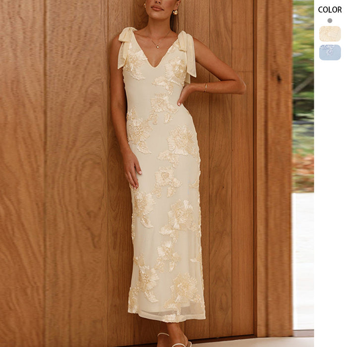 Womens Long Dress With 3D Embroidery Backless Design And Cross-Tie Straps by Ricaloux