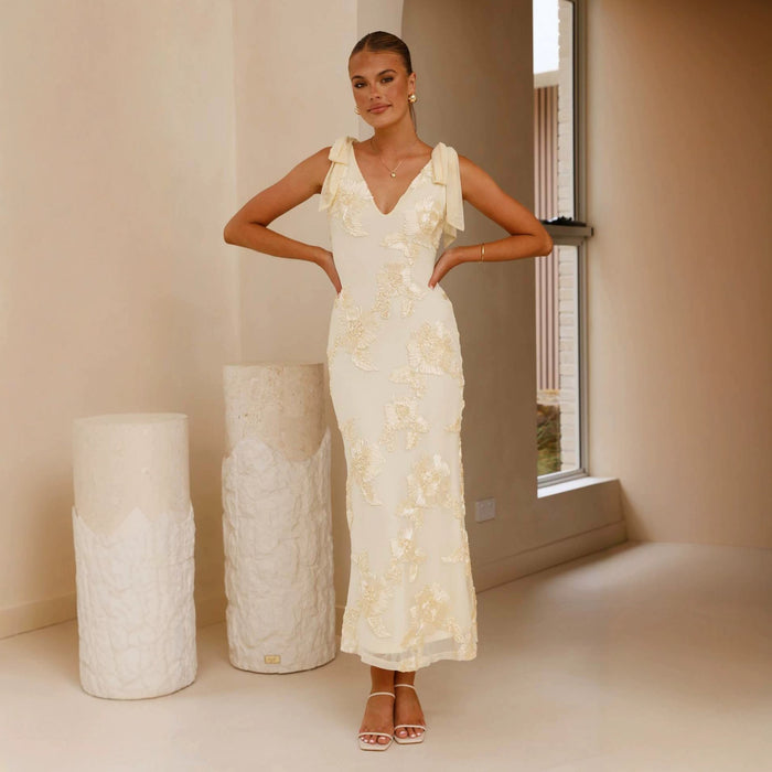 Womens Long Dress With 3D Embroidery Backless Design And Cross-Tie Straps by Ricaloux