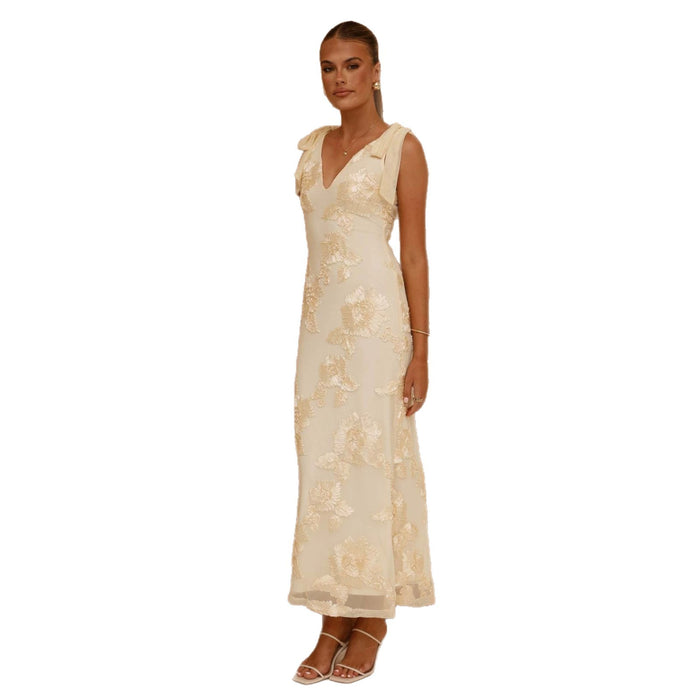Womens Long Dress With 3D Embroidery Backless Design And Cross-Tie Straps by Ricaloux