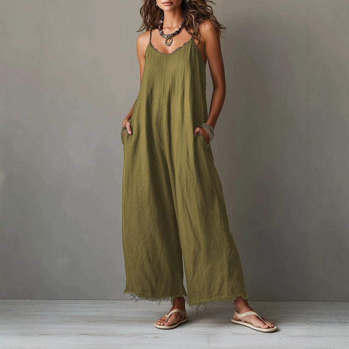 Womens Loose-fitting Solid-color Wide-leg Jumpsuit With Straps by Ricaloux