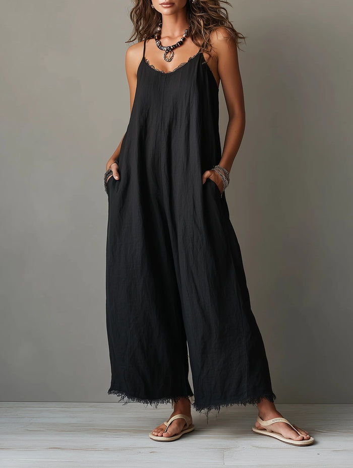 Womens Loose-fitting Solid-color Wide-leg Jumpsuit With Straps by Ricaloux