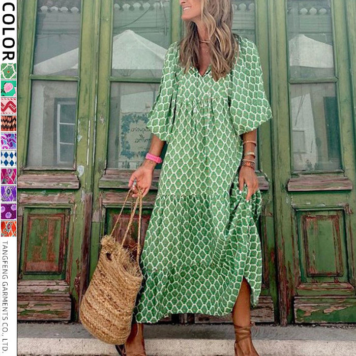 Womens Loose Long-Sleeve Dress With Floral Print And Puffed Sleeves Style For Europe And America by Ricaloux