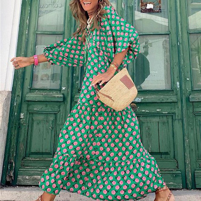 Womens Loose Long-Sleeve Dress With Floral Print And Puffed Sleeves Style For Europe And America by Ricaloux