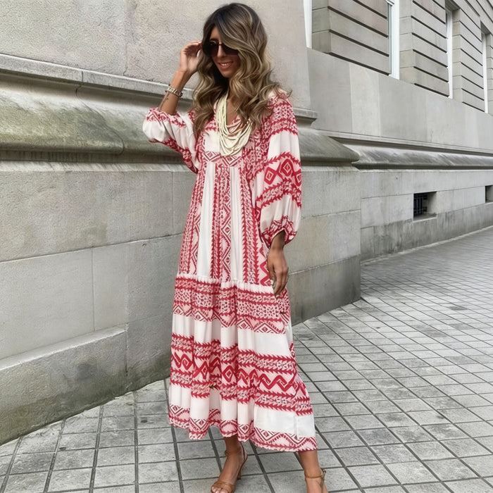 Womens Loose Long-Sleeve Dress With Floral Print And Puffed Sleeves Style For Europe And America by Ricaloux