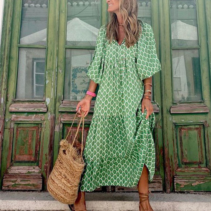 Womens Loose Long-Sleeve Dress With Floral Print And Puffed Sleeves Style For Europe And America by Ricaloux