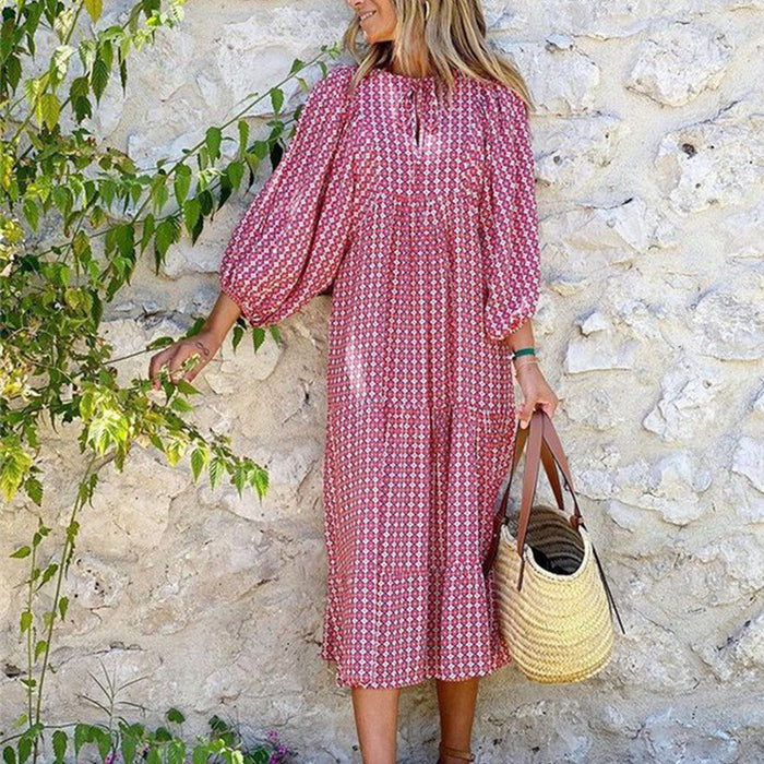 Womens Loose Long-Sleeve Dress With Floral Print And Puffed Sleeves Style For Europe And America by Ricaloux