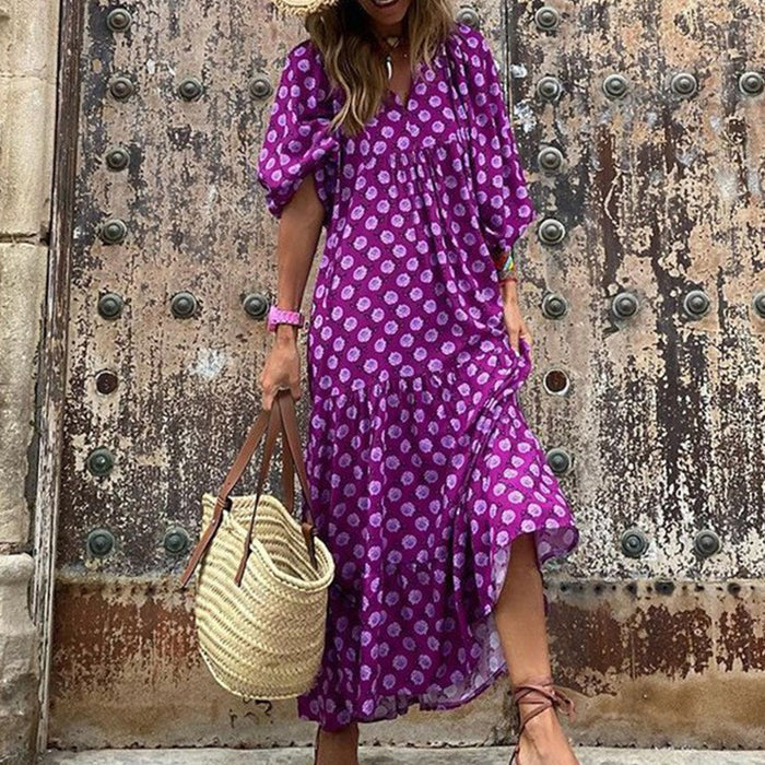 Womens Loose Long-Sleeve Dress With Floral Print And Puffed Sleeves Style For Europe And America by Ricaloux