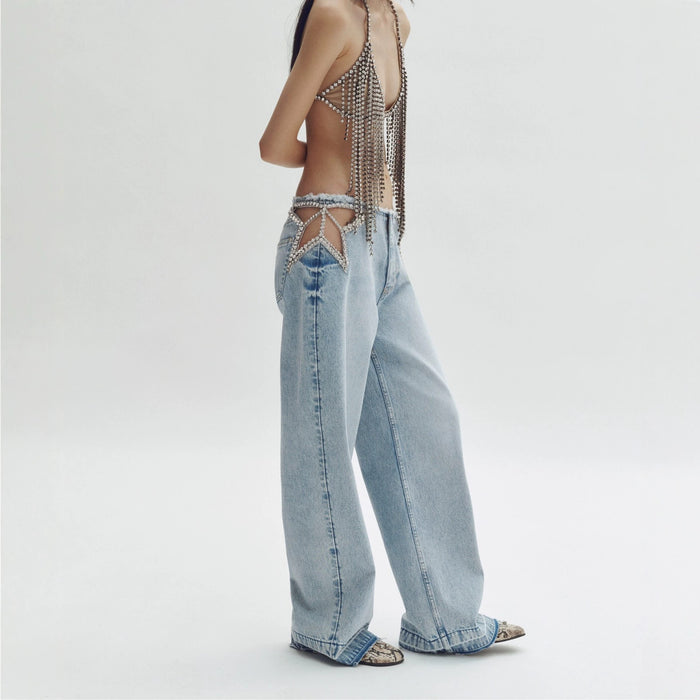 Womens Low-Waist Washed Straight-Leg Denim Jeans by Ricaloux