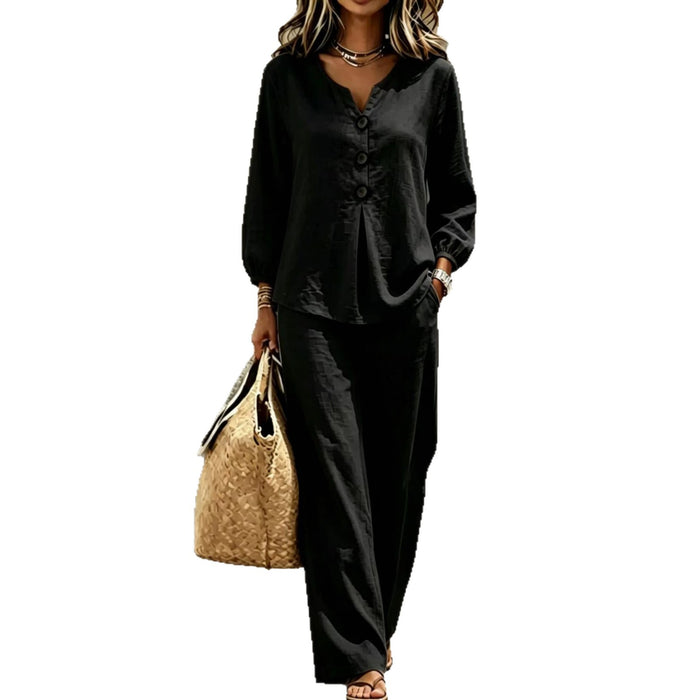 Women's New Casual Two-piece Top With V-neck Long Sleeved Pants – Premium 0 | RICALOUX